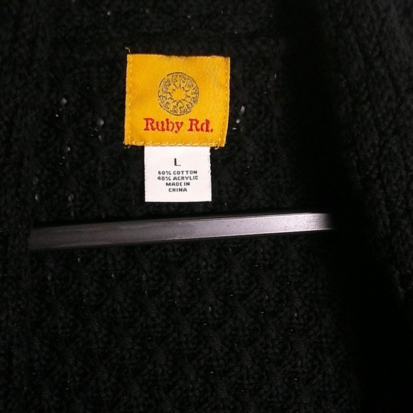 Ruby Rd Black Textured Knit Short Sleeve Open Front Cardigan Sweater Top L - Picture 3 of 4